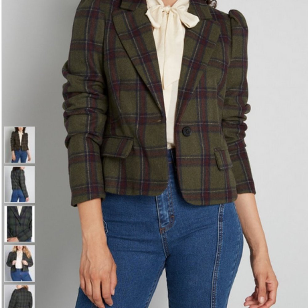 Modcloth Size L Green Plaid Wool Blazer with Puff Sleeves